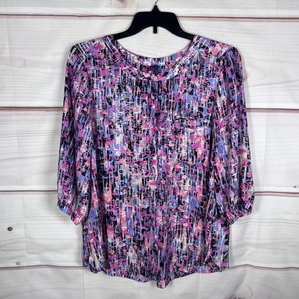 NYDJ Blouse Womens 1X Multicolor Abstract Print Henley 3/4 Sleeve Pocket Top